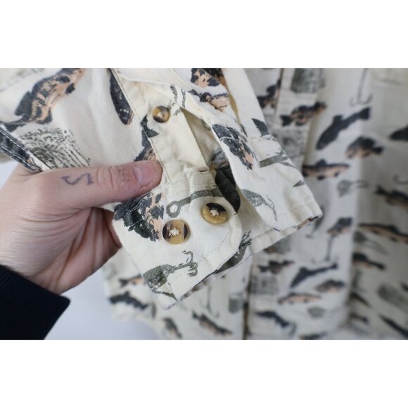 Vtg 90s Streetwear Mens Large Fishing Fish All Over Print Collared Button Shirt - Picture 8 of 11